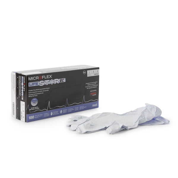 A box of Microflex LifeStar EC dual-layer nitrile EMS exam gloves at Lexicon Medical Supply.