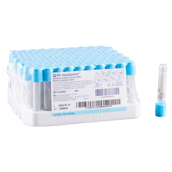 Box of BD Vacutainer Plus light blue sodium citrate tubes, 13 x 75 mm, 2.7 mL, part number 363083