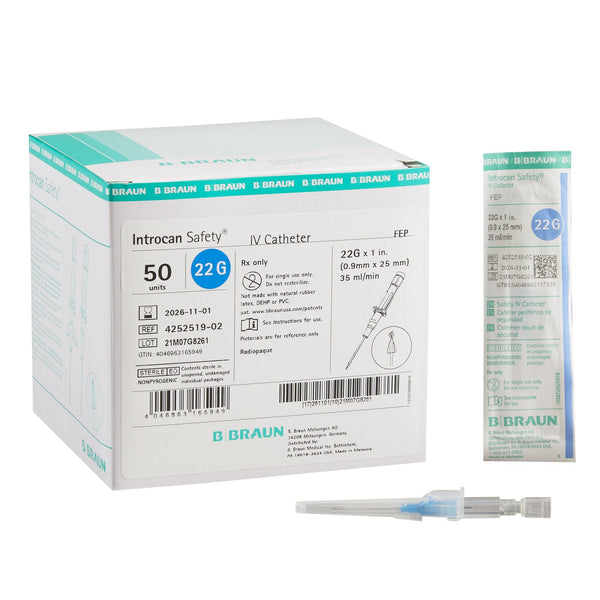 A box of 50 B. Braun 4252519-02 Introcan Safety 22G x 1 inch straight FEP peripheral IV catheters at Lexicon Medical Supply.