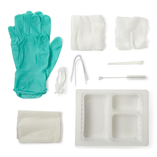 Opened Medline CC3T4691A tracheostomy clean and care tray layout showing included sterile dressings, brush, pipe cleaners, and prep supplies