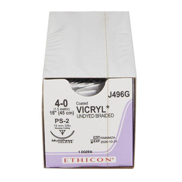 A retail box of 12 Ethicon J495G Coated Vicryl 5-0 absorbable sutures with PS-2 precision point needles at Lexicon Medical Supply.
