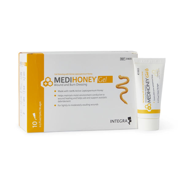 Medihoney gel medical grade manuka honey dressing 0.5 ounce tubes box reorder number 31805