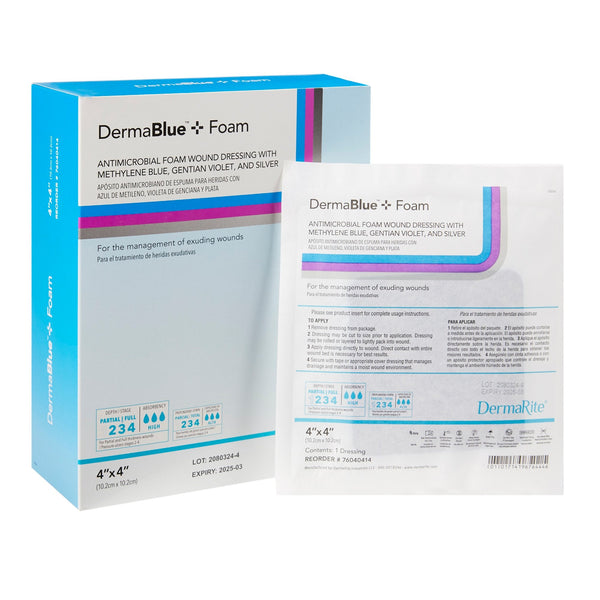 DermaRite DermaBlue Plus silver foam wound dressing 4x4 inches item 76040414 retail box and sterile single pack