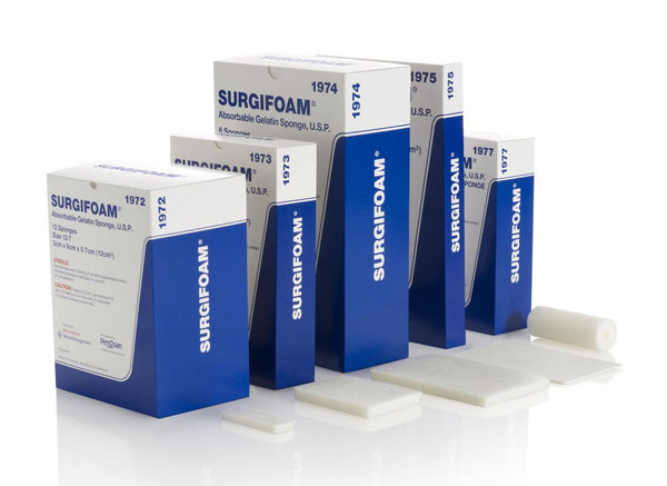 Ethicon SURGIFOAM product catalog reference chart showing all model part numbers and sponge sizes
