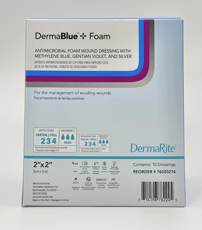 DermaRite DermaBlue Plus Foam Wound Dressing 4x5x1/4 inch box packaging item 76020214 from Lexicon Supply stock