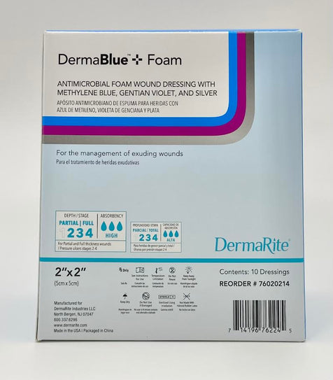 DermaRite DermaBlue Plus Foam Wound Dressing 4x5x1/4 inch box packaging item 76020214 from Lexicon Supply stock