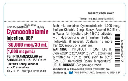 Cyanocobalamin B-12 Injection, 30,000mcg, 30 ml Hikma 00143961910 by Lexicon Supply product image