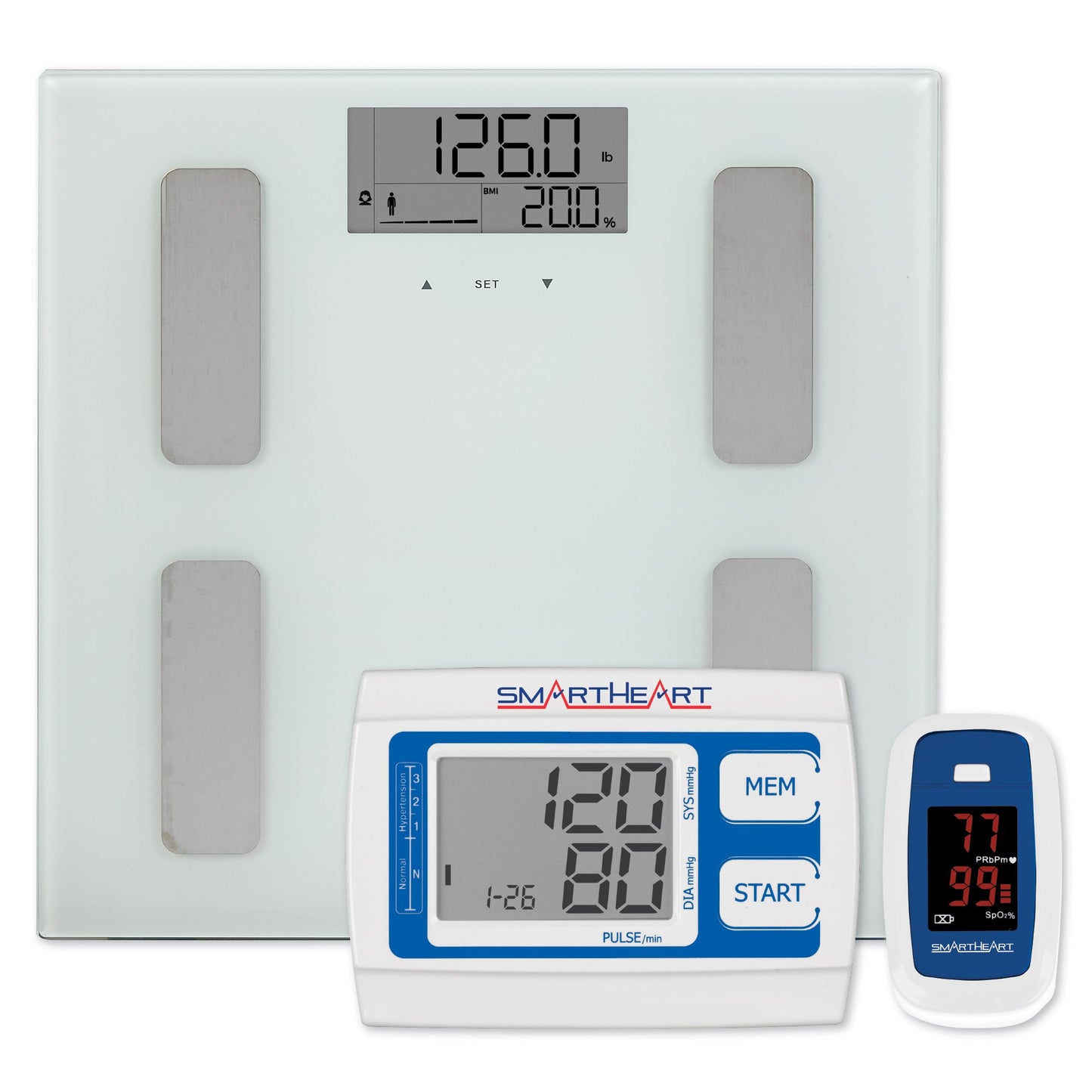SmartHeart Heart Health Bundle: Scale, Blood Pressure Monitor, Pulse Oximeter