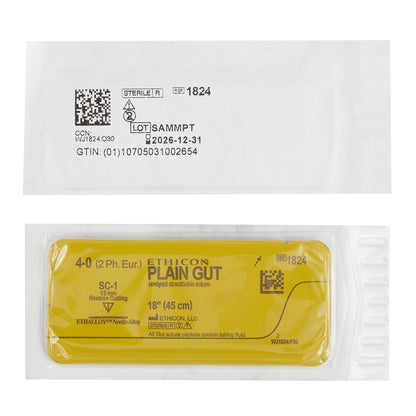Absorbable Suture with Needle GUT PLAIN Plain Gut SC-1 Straight Reverse Cutting Needle Size 4-0 Monofilament