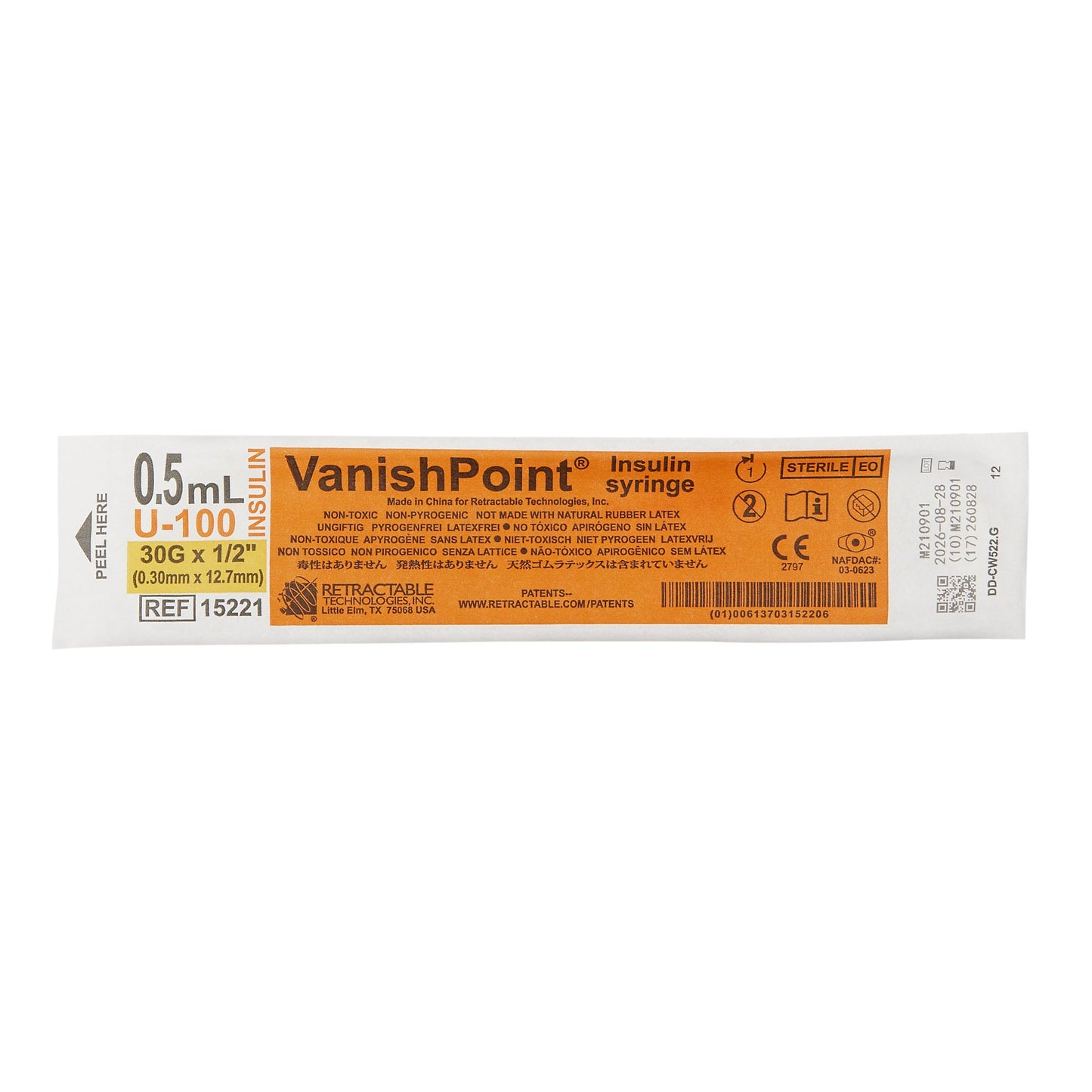 VanishPoint® 0.5 mL Insulin Syringe with Needle, 30 Gauge, 1/2 Inch Needle Length