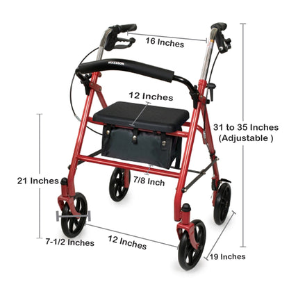 McKesson Folding Steel Four-Wheel Rollator, 12-Inch Seat Width, Red