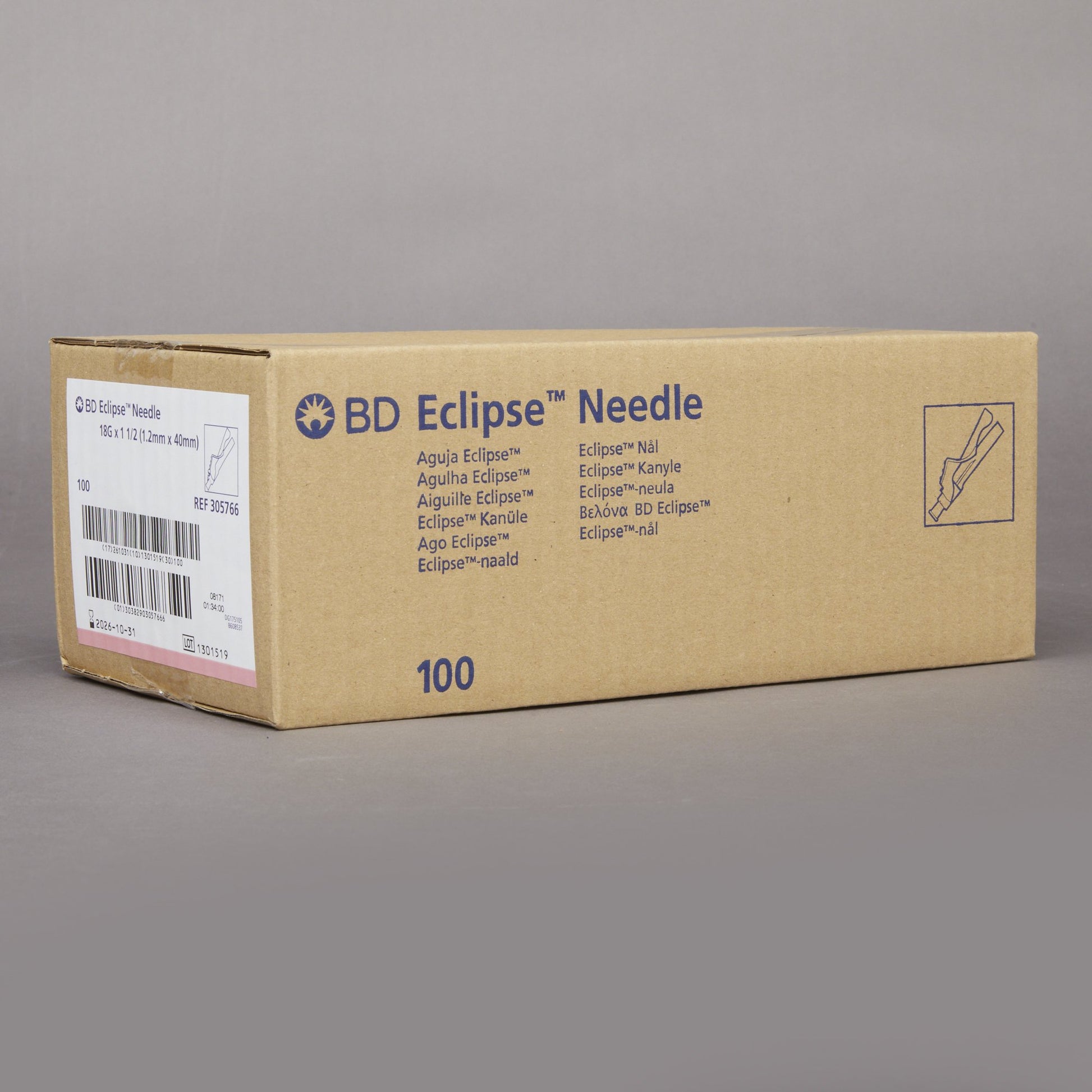 Box of BD 305766 Eclipse safety hypodermic needles 18G x 1.5 inch 100 count pack