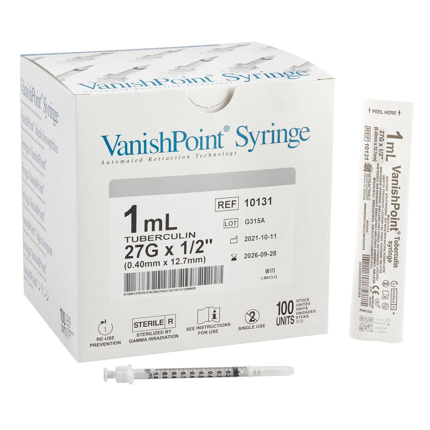VanishPoint® 1 mL Tuberculin Syringe with Needle, 27 Gauge, 1/2 Inch Needle Length