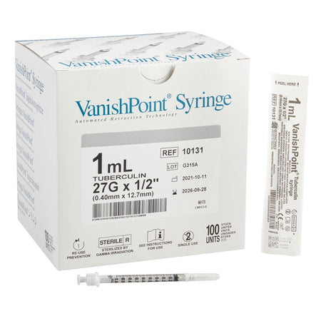 Retractable Technologies 10131 VanishPoint 1 mL Tuberculin Syringe with Needle, 27 Gauge