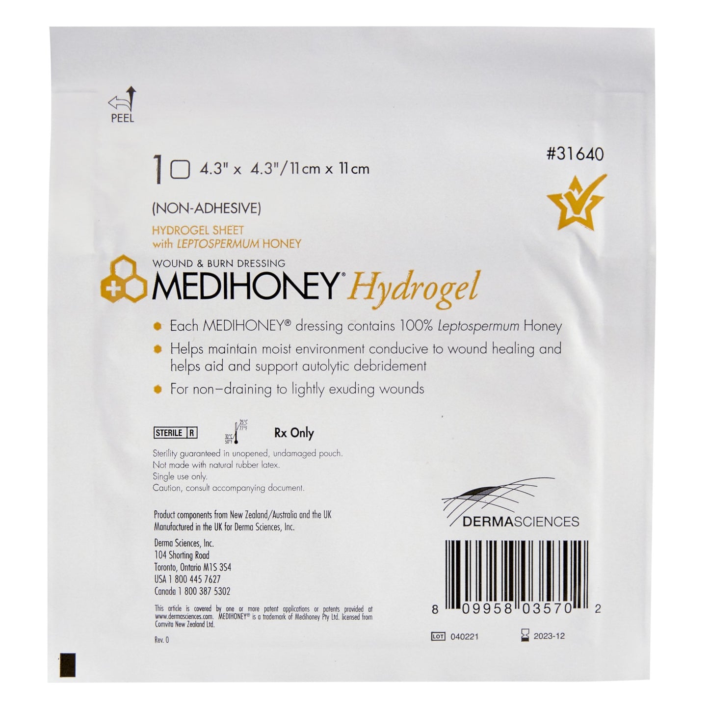 Medihoney® Honey Hydrogel Dressing without Adhesive, 4-3/10 x 4-3/10 Inch