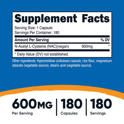 Dietary Supplement nutricost® Acetyl L-Cysteine NAC 600 mg Strength Capsule 180 Per Bottle