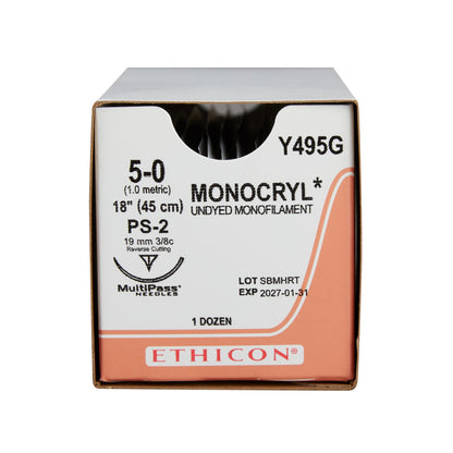 Absorbable Suture with Needle Monocryl™ Poliglecaprone PS-2 3/8 Circle Precision Reverse Cutting Needle Size 5-0 Monofilament