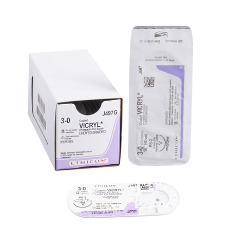 Ethicon J497G Coated Vicryl Polyglactin 910 Absorbable Suture with Needle, Size 3-0