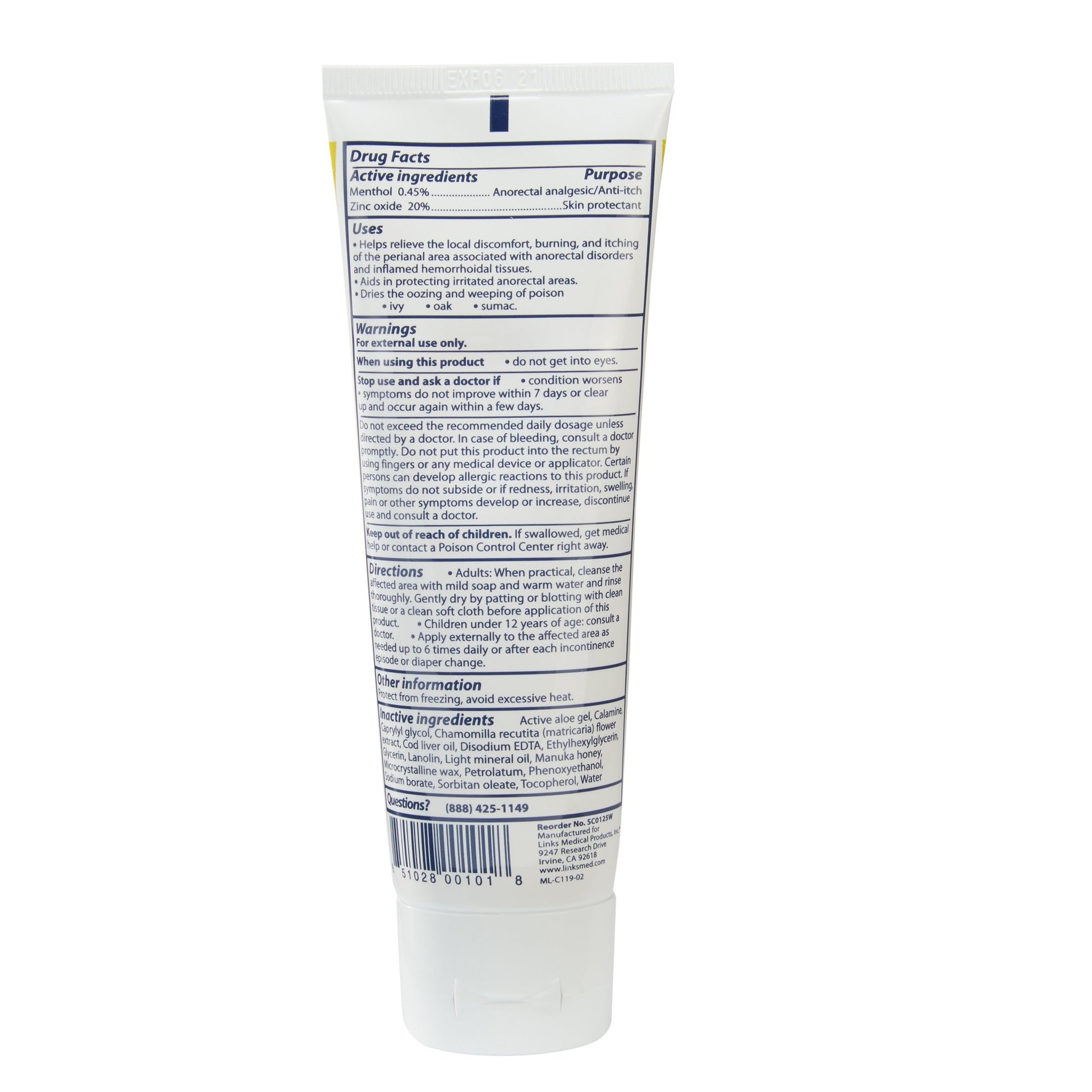 Drug facts and active ingredients label on the back of a Chamosyn skin barrier ointment tube.