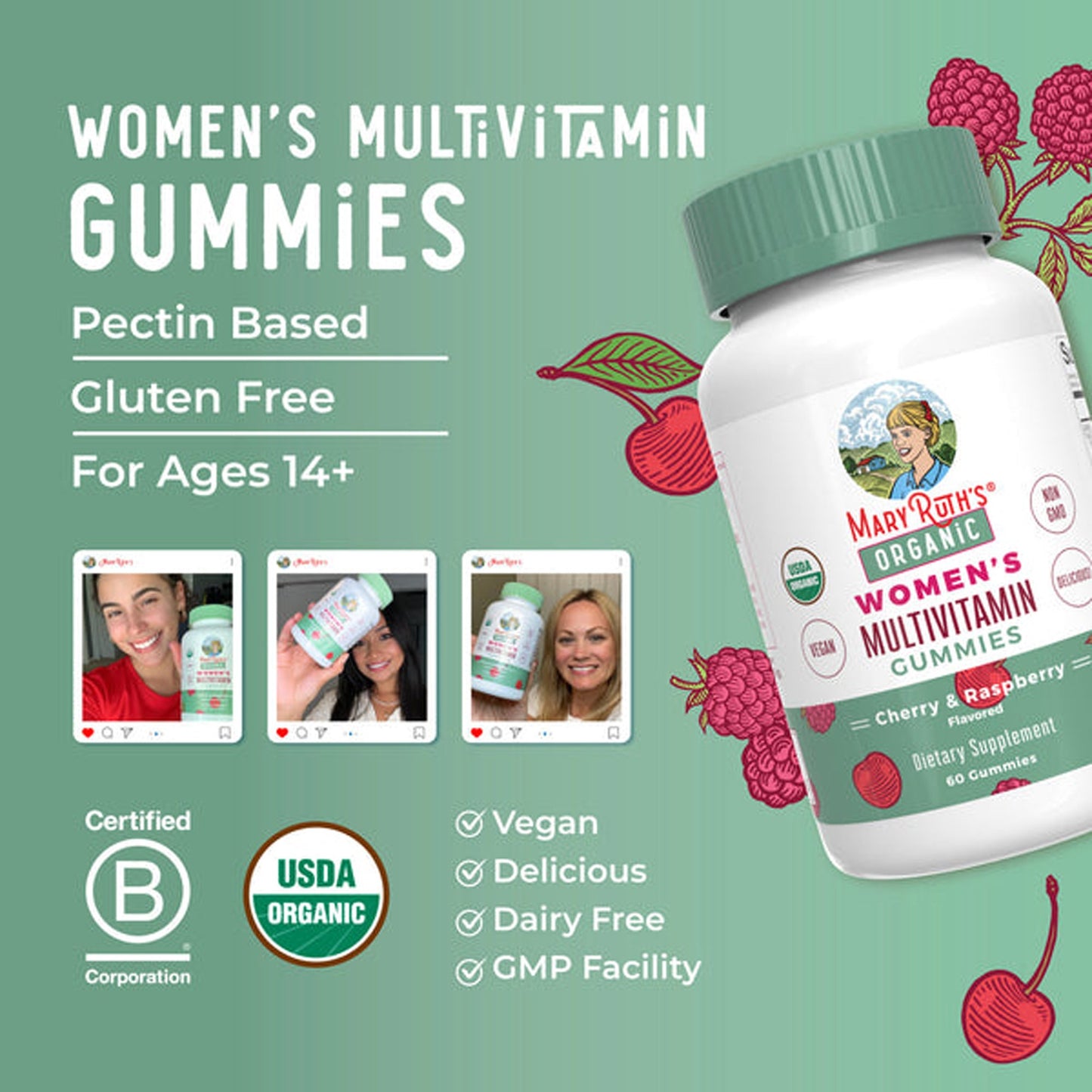Multivitamin Supplement Mary Ruth's® Organic Women's Vitamin A / C / D / E 450 mcg - 20 mg - 6 mcg - 7 mg Strength Gummie 60 Per Bottle Strawberry Flavor
