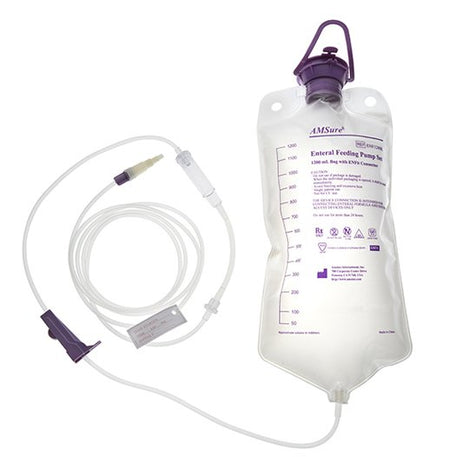 A retail package of the Amsino ENF1203KLD AMSure 1200 mL enteral gravity feeding bag set at Lexicon Medical Supply.