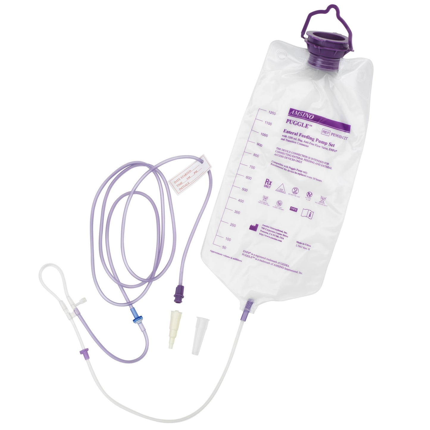 Enteral Feeding Pump Bag Set with ENFit® Connector PUGGLE™ 1200 mL Polyvinyl NonSterile ENFit® Connector and Transition Connector