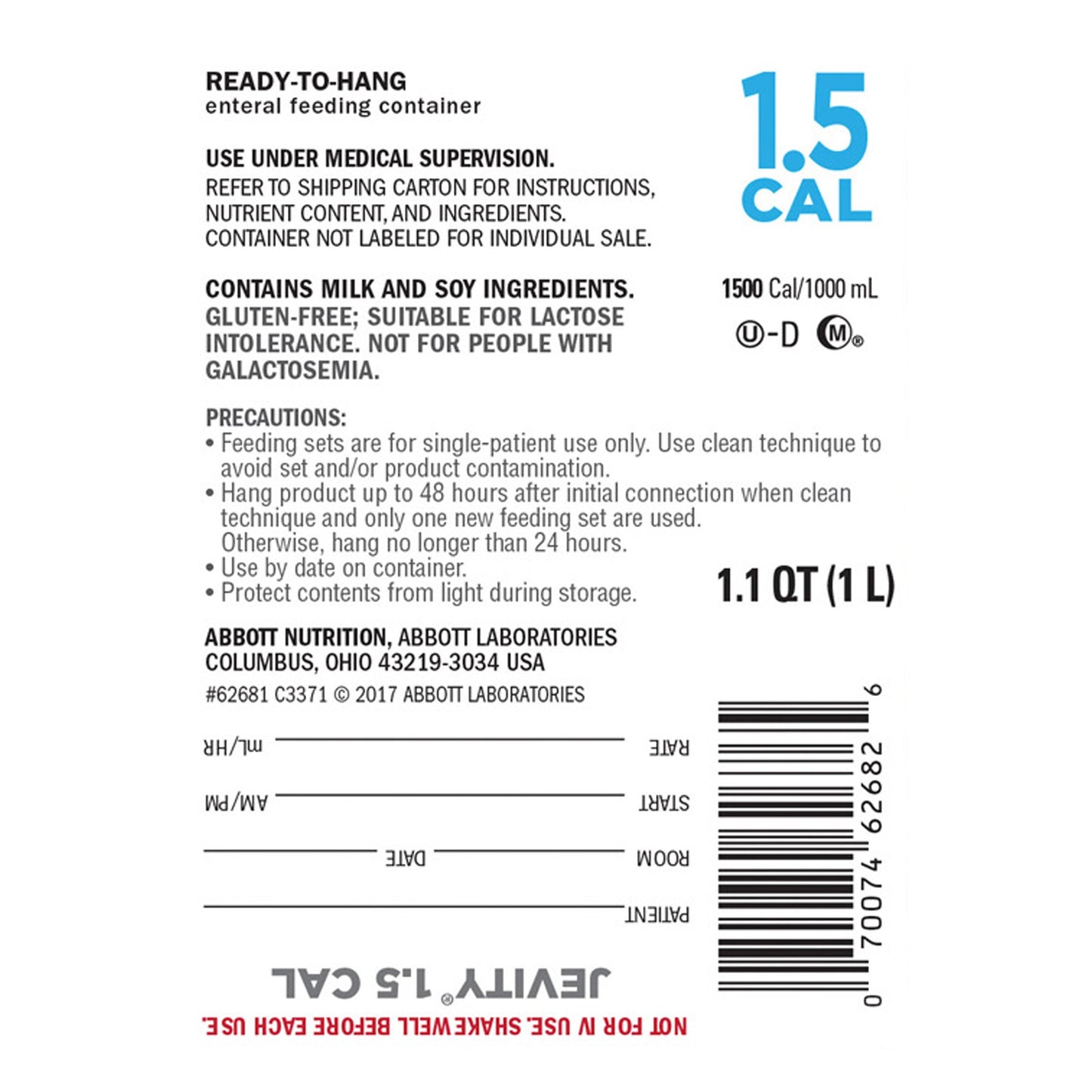 Jevity 1.5 Cal Tube Feeding Formula, 33.8 oz Ready to Hang Carton