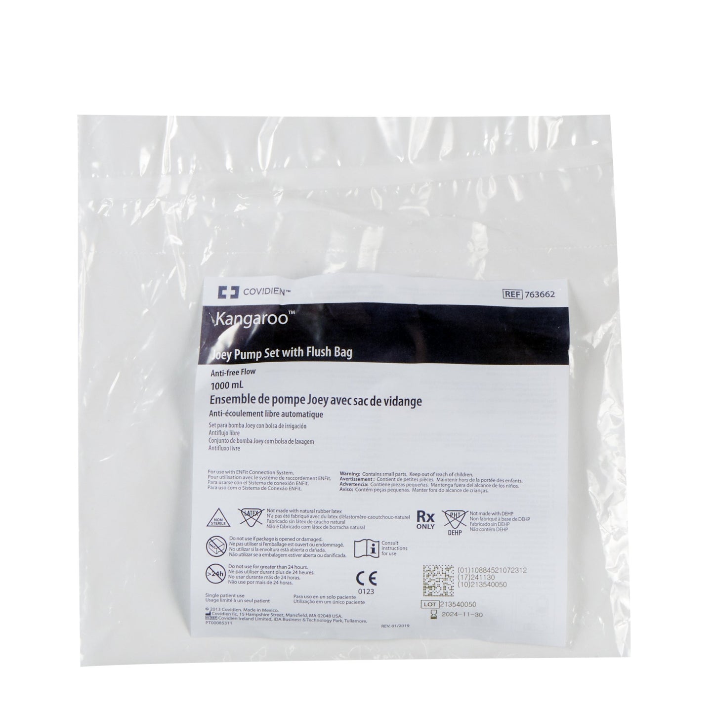 A retail package of the Cardinal Health 763662 Kangaroo Joey 1000 mL feed and 1000 mL flush enteral pump set at Lexicon Medical Supply.
