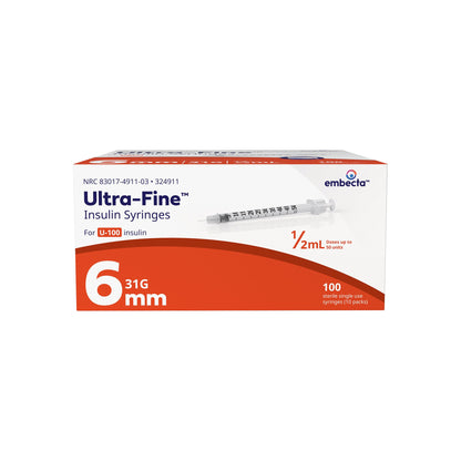 Standard Insulin Syringe with Needle Veo™ Ultra-Fine™ 0.5 mL 15/64 Inch 31 Gauge NonSafety Regular Wall