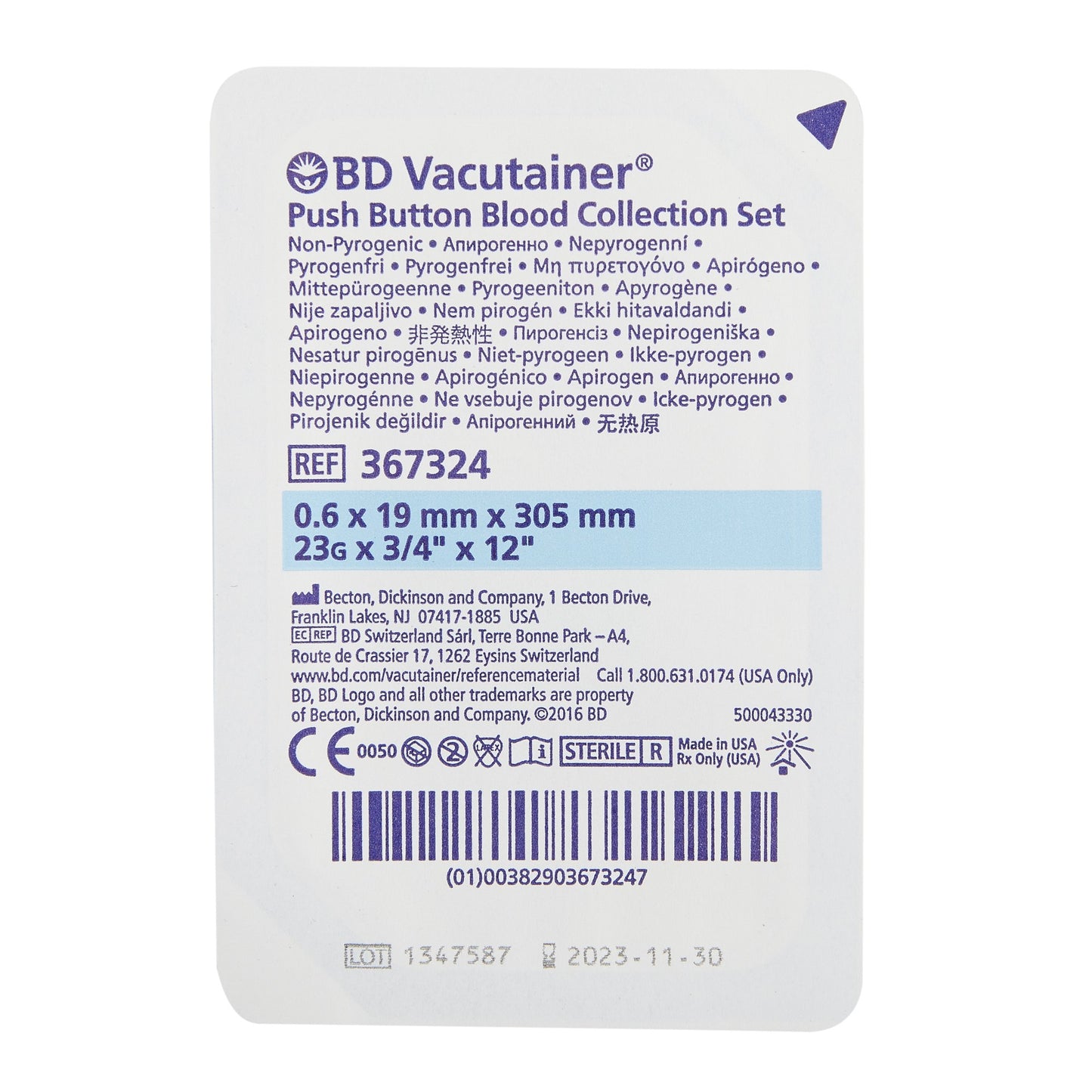 BD Vacutainer® 367324 Push Button Blood Collection Set 23 Gauge 3/4 Inch Needle Length Safety Needle 12 Inch Tubing Sterile