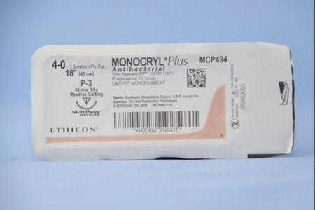 Ethicon MCP494G Monocryl Plus Poliglecaprone Absorbable Antibacterial Suture with Needle, Size 4-0