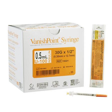 Retractable Technologies 15221 VanishPoint 0.5 mL Insulin Syringe with Needle, 30 Gauge