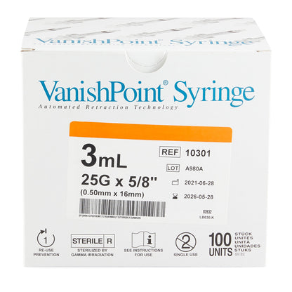 VanishPoint® 3 mL Syringe with Hypodermic Needle, 25 Gauge, 5/8 Inch