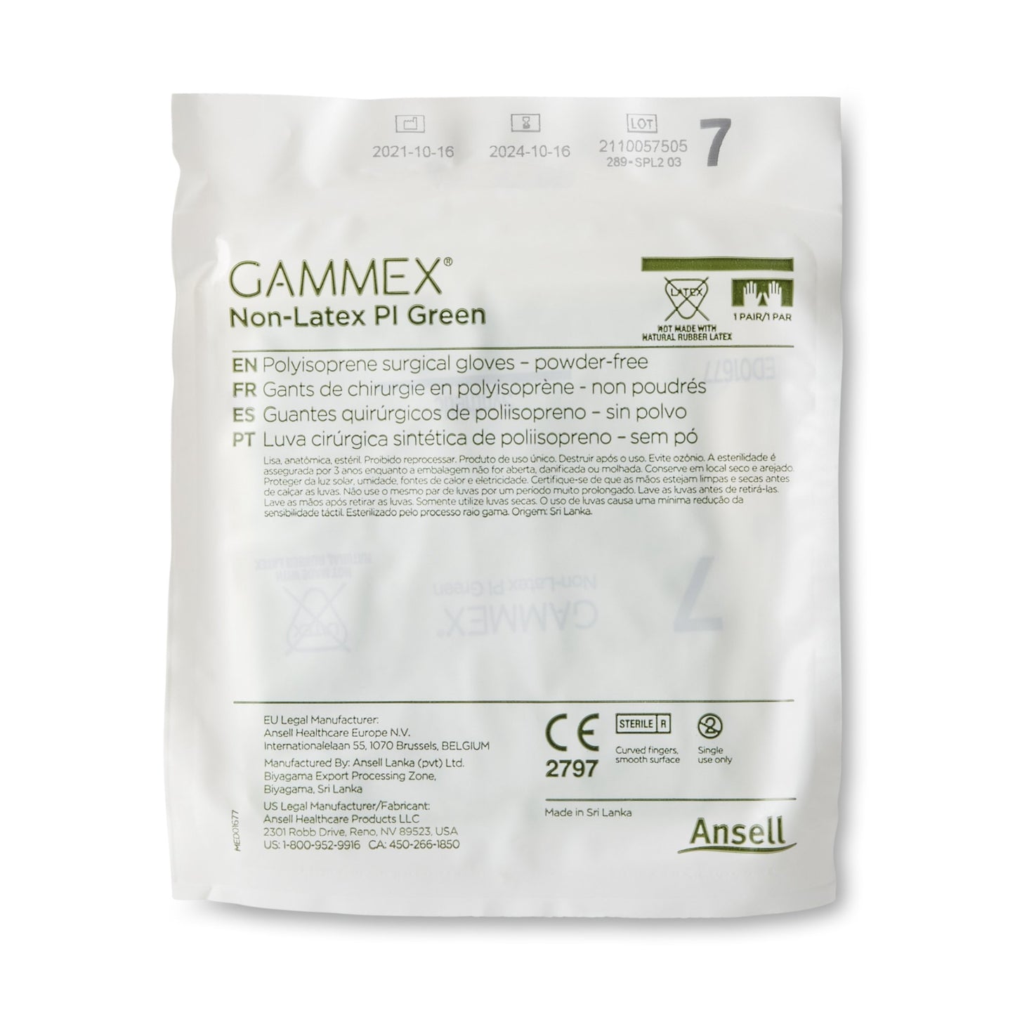 Gammex® Non-Latex PI Green Polyisoprene Surgical Glove, Size 7, Light Green