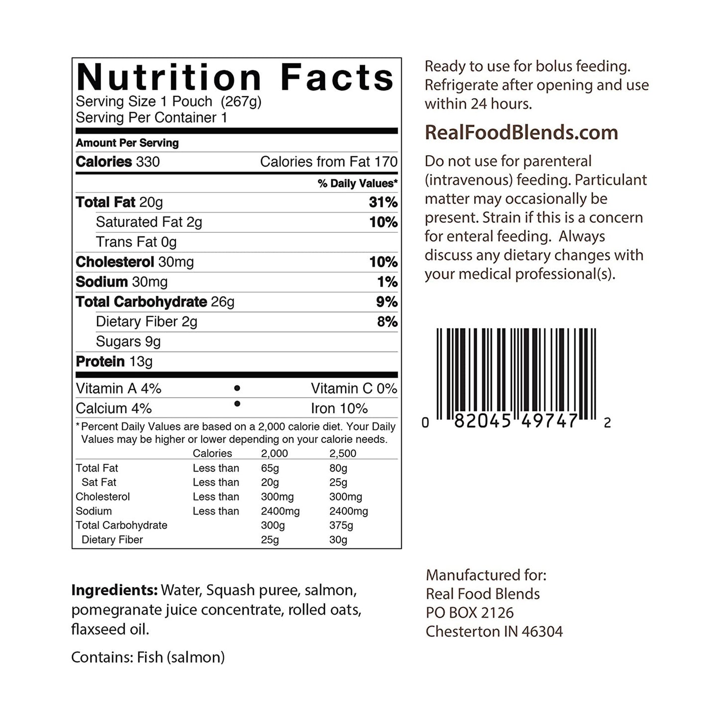 Real Food Blends™ Salmon, Oats & Squash Puree for Tube Feeding, 9.4-ounce pouch