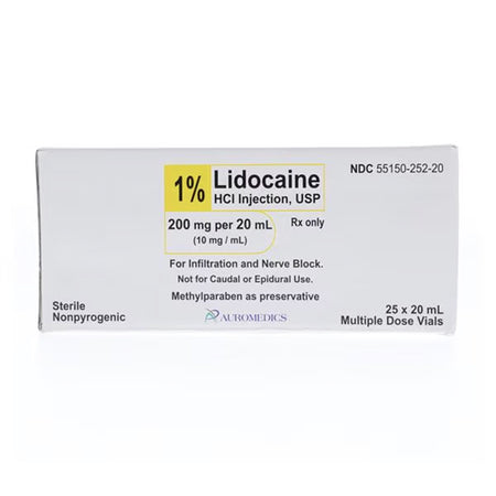 AuroMedics Pharmaceuticals 1% Lidocaine HCl, Injection, Single Dose Vial, 10mg/mL, 20mL, 25/Box, 55150-252-20 by AuroMedics.