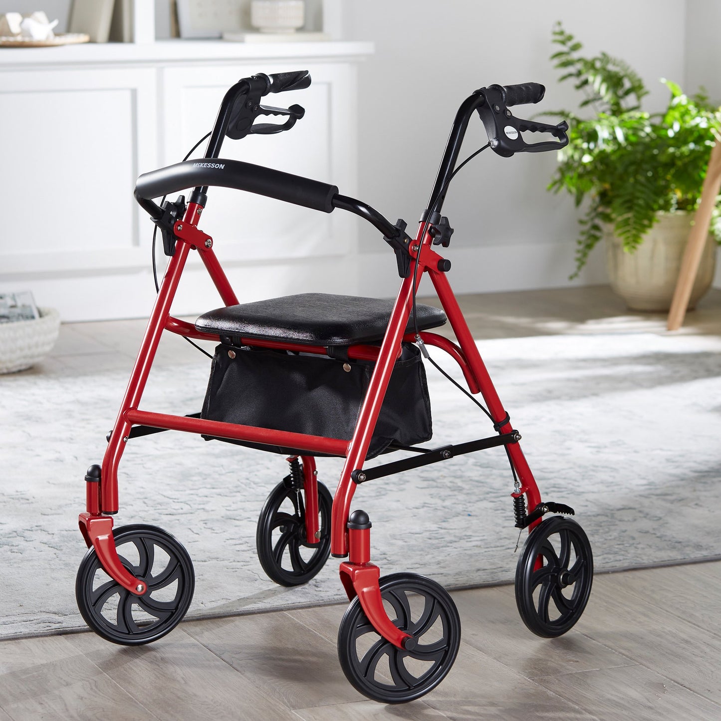 McKesson Folding Steel Four-Wheel Rollator, 12-Inch Seat Width, Red