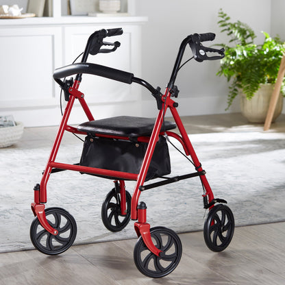 McKesson Folding Steel Four-Wheel Rollator, 12-Inch Seat Width, Red