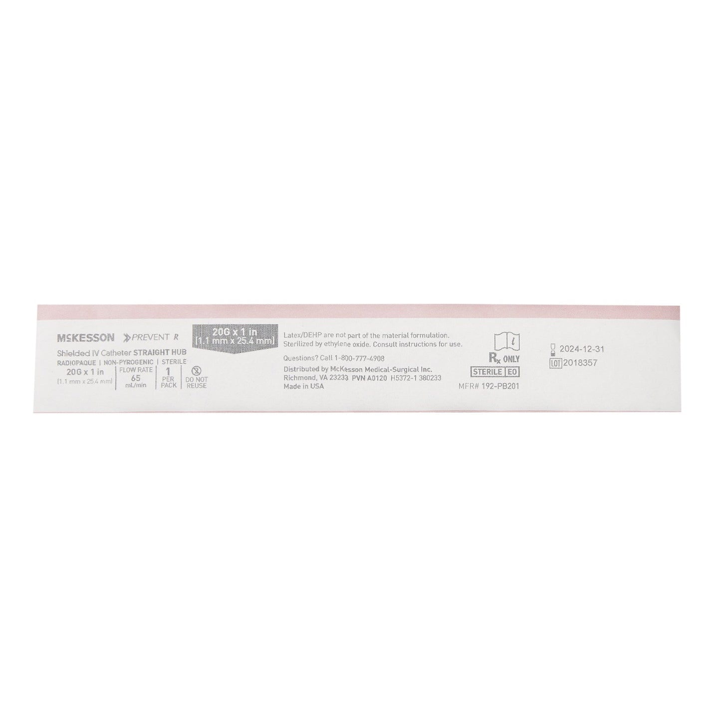 Peripheral IV Catheter McKesson Prevent® R 20 Gauge 1 Inch Straight Hub Non Blood Control Push Button Safety