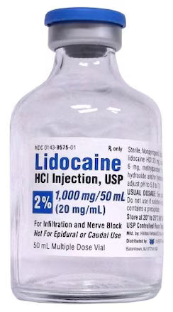 Hikma Lidocaine HCl 2% (20 mg/mL) Injection 50 mL SDV 10/Tray NDC 0143-9575-10 10/Box