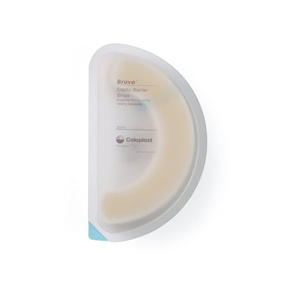 Coloplast 120700 Brava curved elastic barrier strip showing the flexible crescent-shaped design for ostomy skin barriers