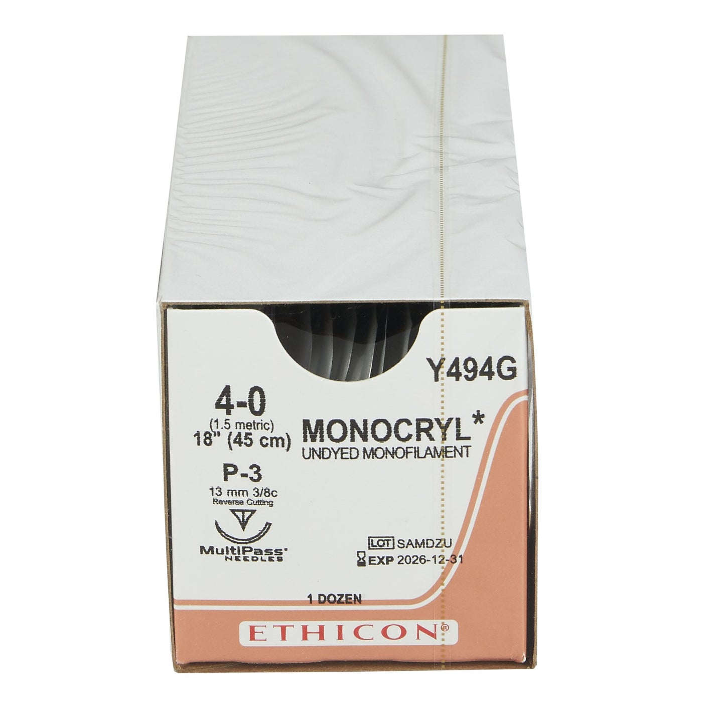 Ethicon Absorbable Suture with Needle Monocryl™ Poliglecaprone P-3 3/8 Circle Precision Reverse Cutting Needle Size 4-0 Monofilament