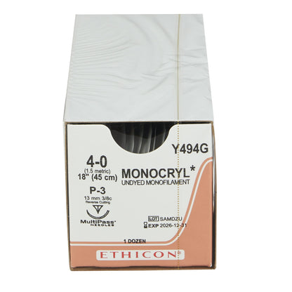 Ethicon Absorbable Suture with Needle Monocryl™ Poliglecaprone P-3 3/8 Circle Precision Reverse Cutting Needle Size 4-0 Monofilament