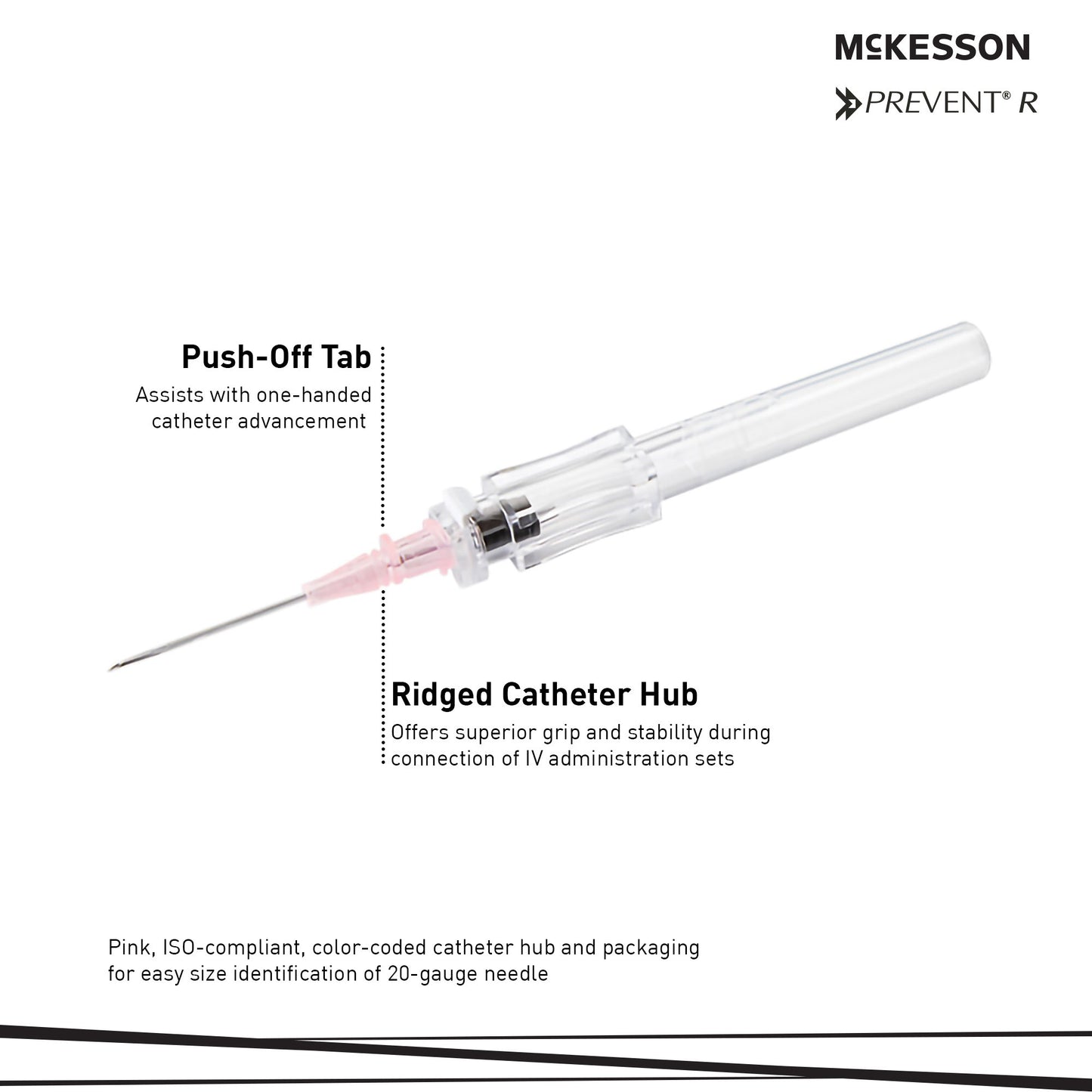Peripheral IV Catheter McKesson 20 Gauge 1 Inch Polyurethane Straight Hub Non Blood Control Push Button Safety