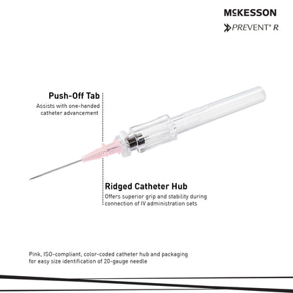 Peripheral IV Catheter McKesson 20 Gauge 1 Inch Polyurethane Straight Hub Non Blood Control Push Button Safety