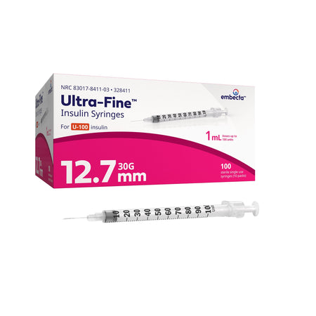 embecta 328411 Ultra-Fine Standard Insulin Syringe with Needle, 30 Gauge, 1/2 Inch