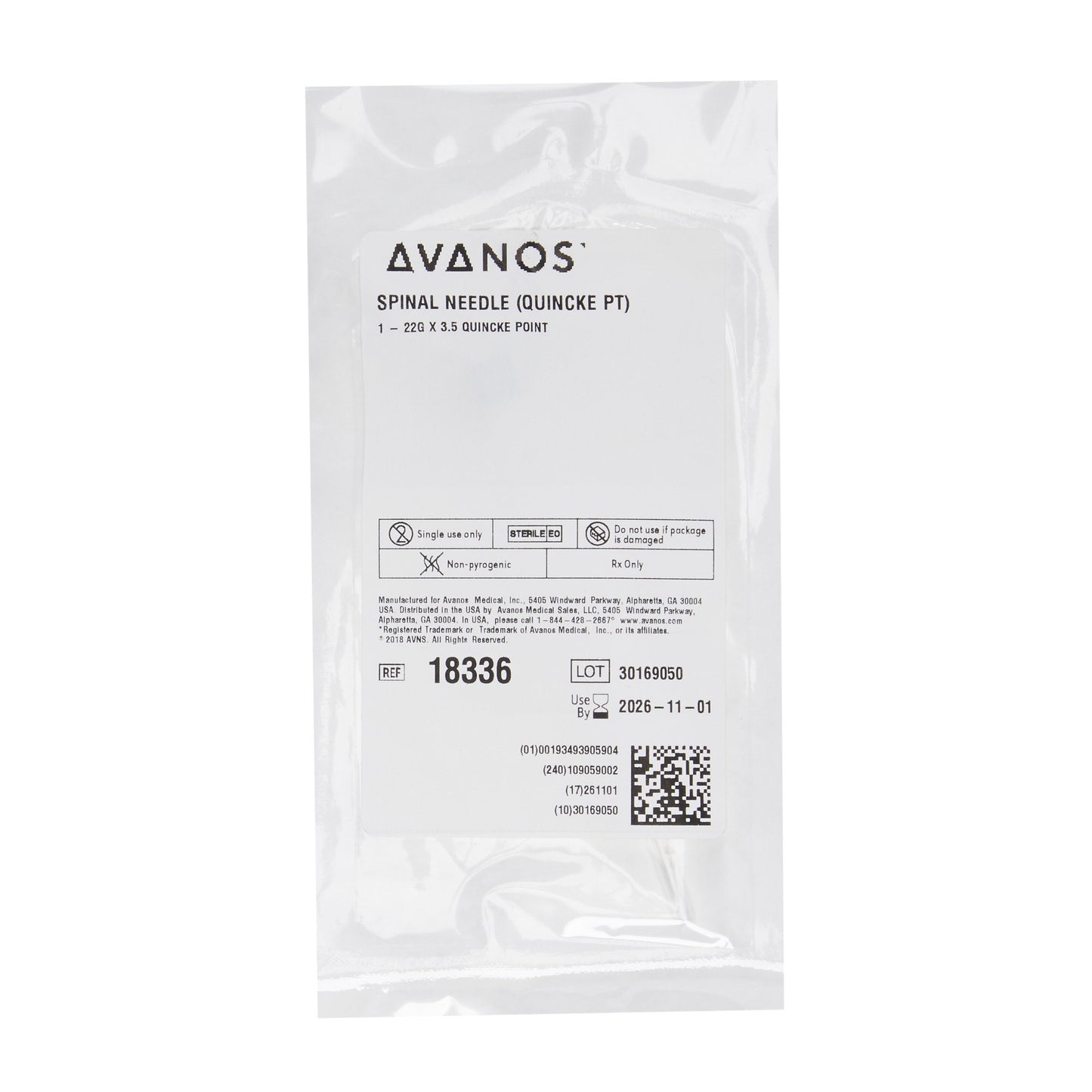 Spinal Needle AVANOS* Quincke Style 22 Gauge 3-1/2 Inch Sterile