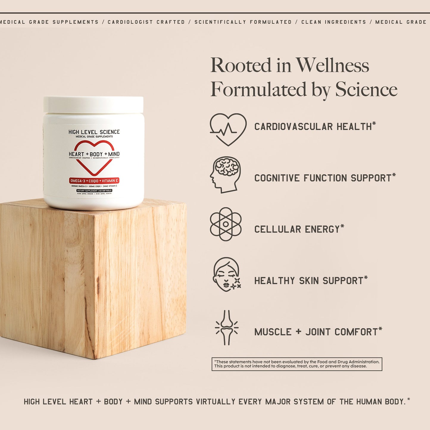 High Level Science Heart + Body + Mind Supplement, Omega-3, CoQ10 & Vitamin E