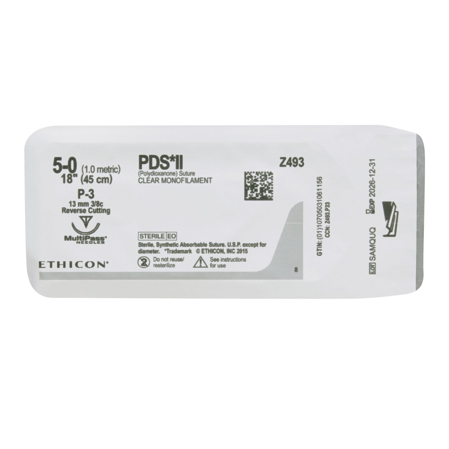 Ethicon Z493G Absorbable Suture with Needle PDS™ II Polydioxanone P-3 3/8 Circle Precision Reverse Cutting Needle Size 5-0 Monofilament