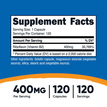 Dietary Supplement nutricost® Vitamin B2 Riboflavin Vitamin B2 400 mg Strength Capsule 120 Per Bottle